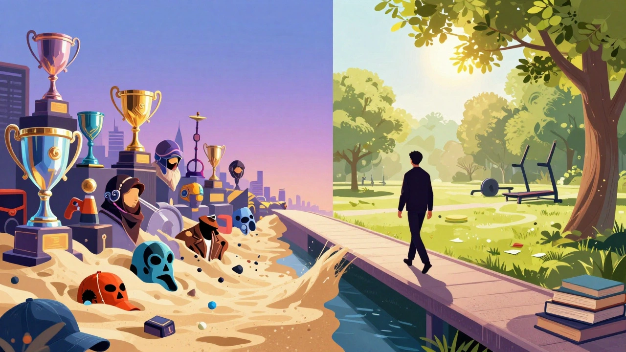A person walking away from dissolving virtual trophies toward a bright, real-world landscape