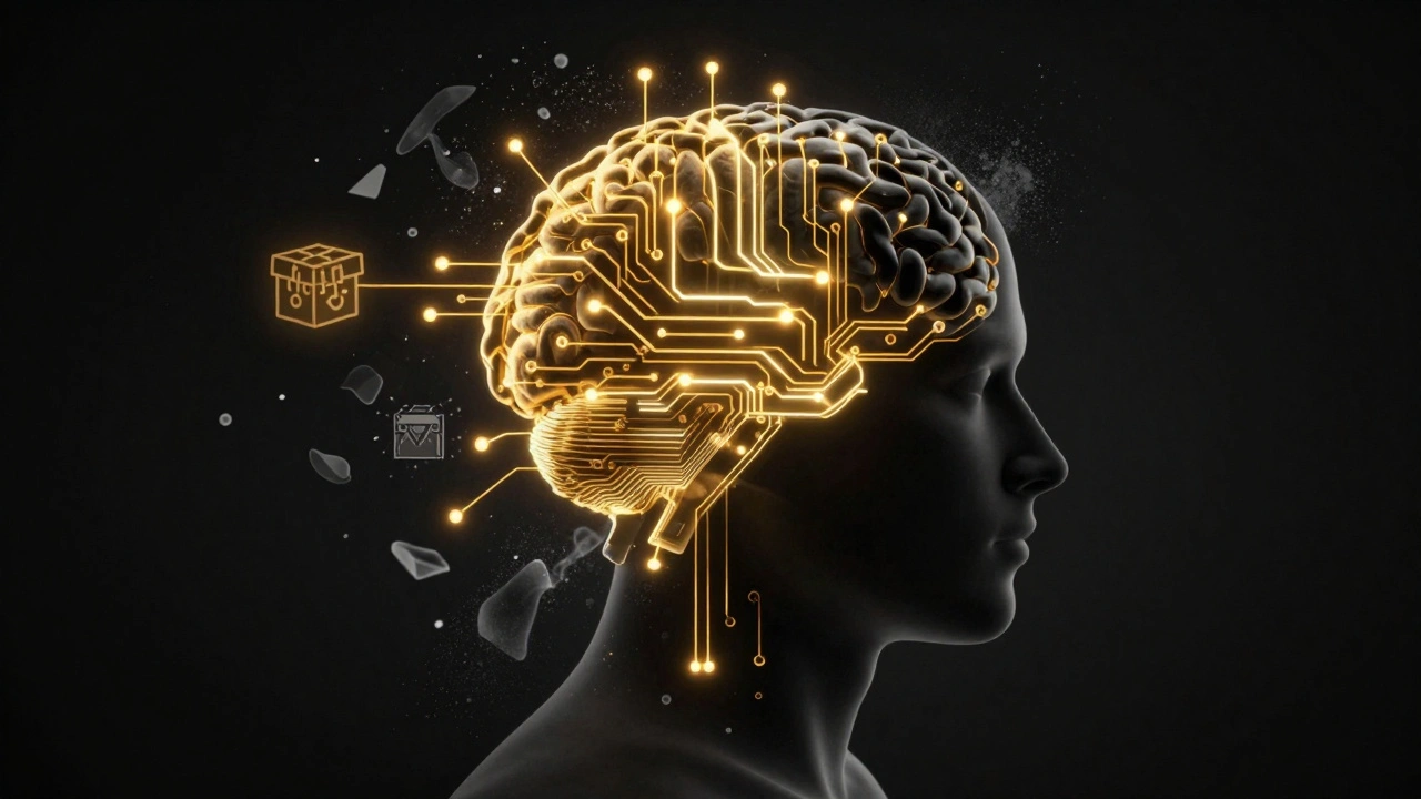 A silhouette of a brain with fading golden circuits and dissolving game icons.