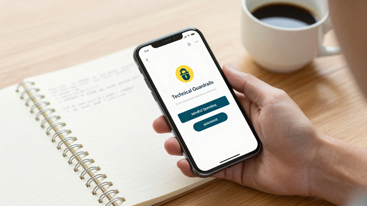A smartphone showing a password confirmation screen next to a handwritten budget notebook.