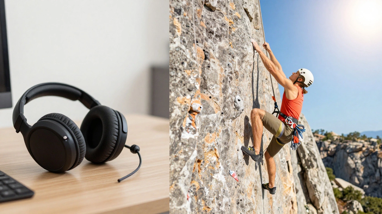 A split image contrasting a gaming headset with a person rock climbing a steep cliff.