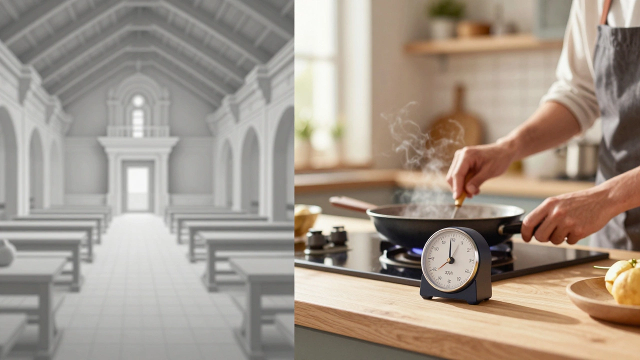 A split screen comparing a dull virtual world to a bright real-life cooking scene.