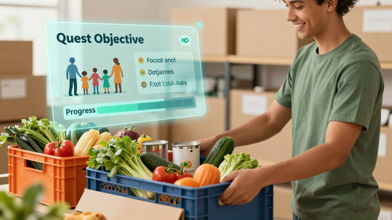 A volunteer sorting food at a food bank with conceptual game-like progress elements.