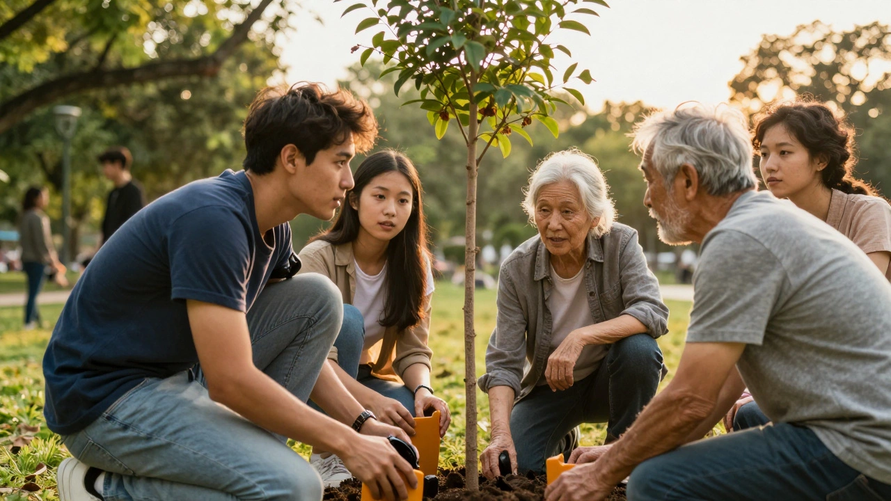A young adult and an elderly person bonding while planting a tree in a park.