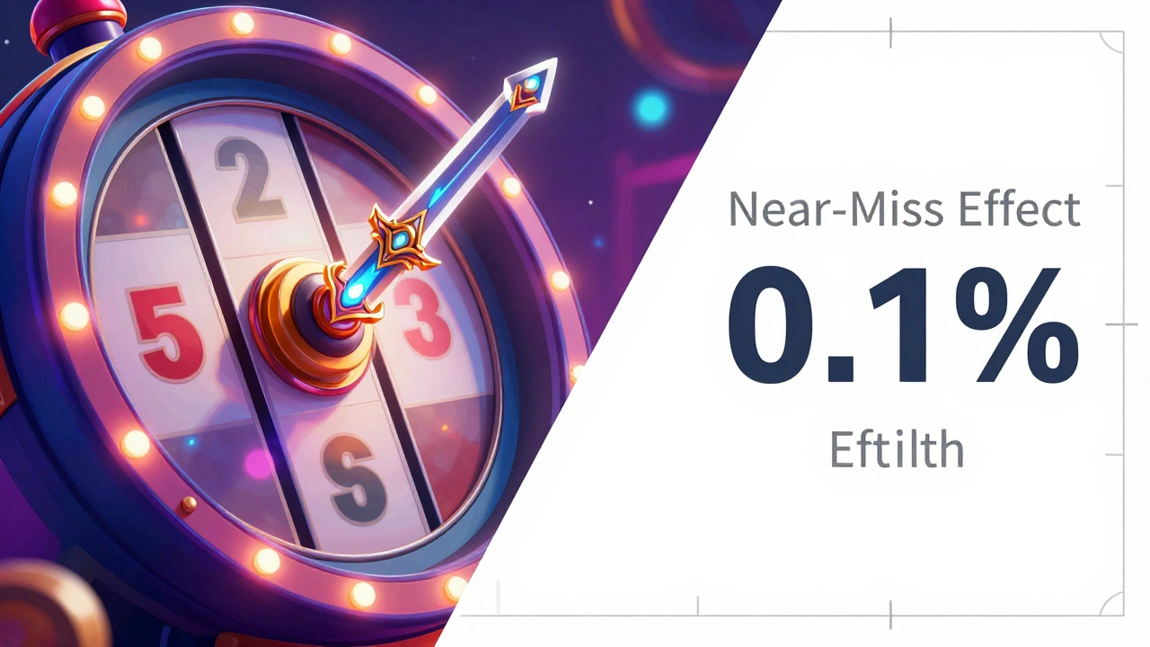 An artistic depiction of a legendary sword nearly winning on a gaming reel against a statistical background.