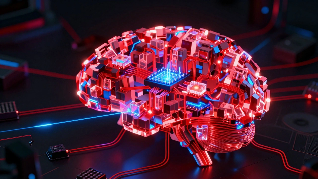 An intricate network of glowing red logic circuits and crystalline wires in a dark void.