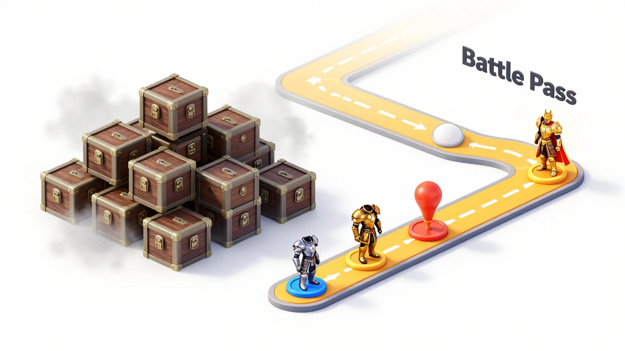 An isometric view of a transparent battle pass progress road with guaranteed rewards.