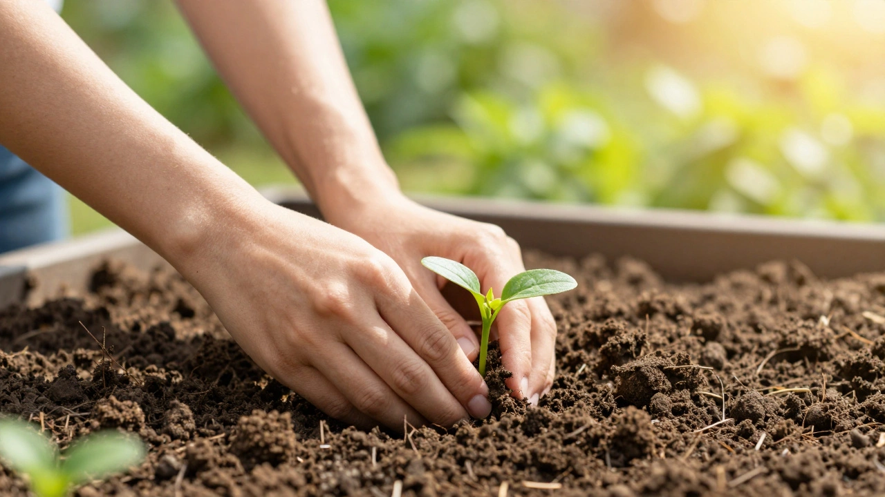 Close-up of hands planting a small green sprout in sunny garden soil.