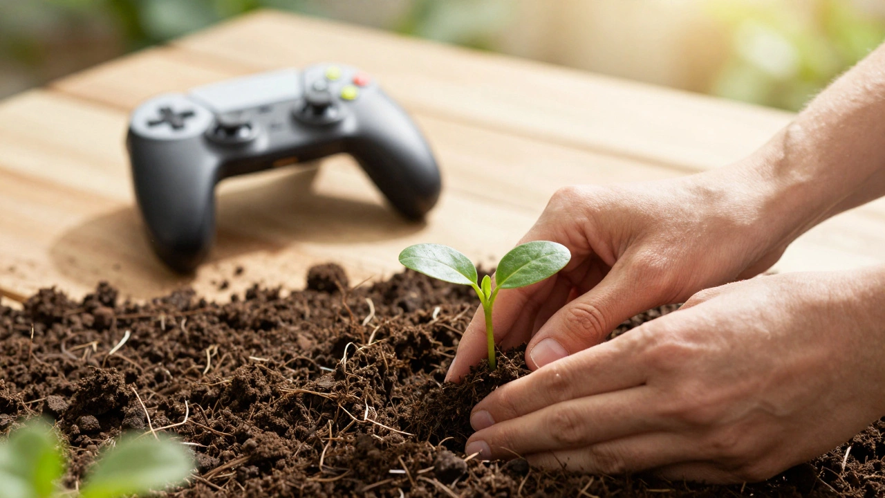 Close-up of hands planting a sprout in a garden with a gaming console set aside in the background.