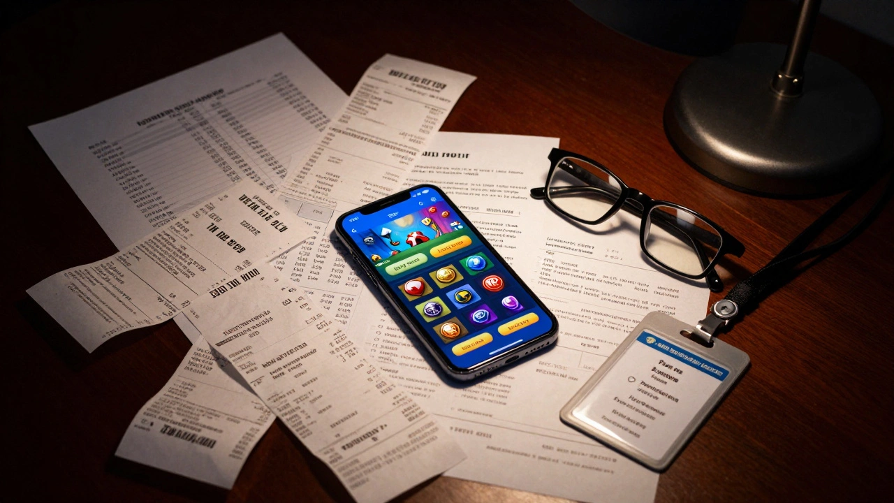 Company expense reports and a phone showing an in-game store on a dark office desk.