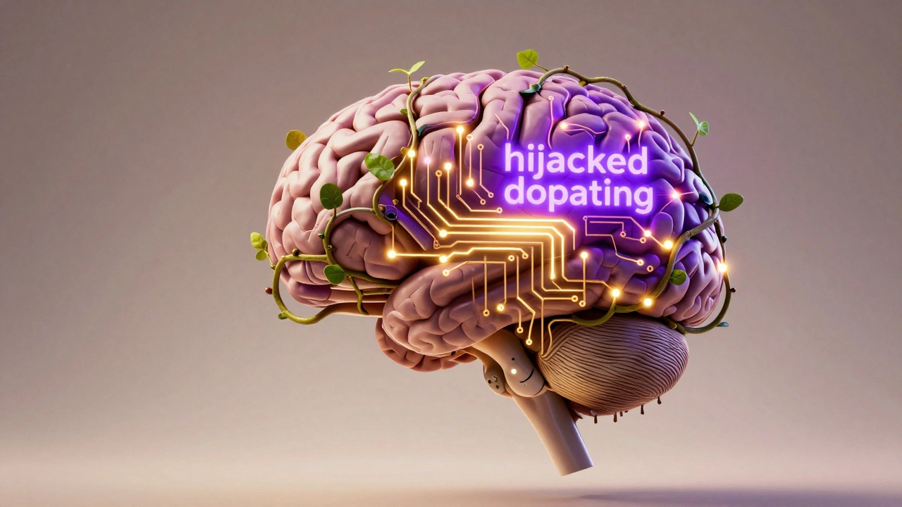 Conceptual art of a brain transitioning from digital circuits to organic growth.