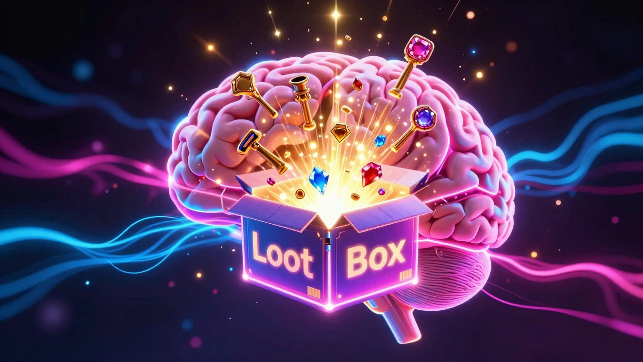 Conceptual art of a loot box opening and triggering dopamine in a brain