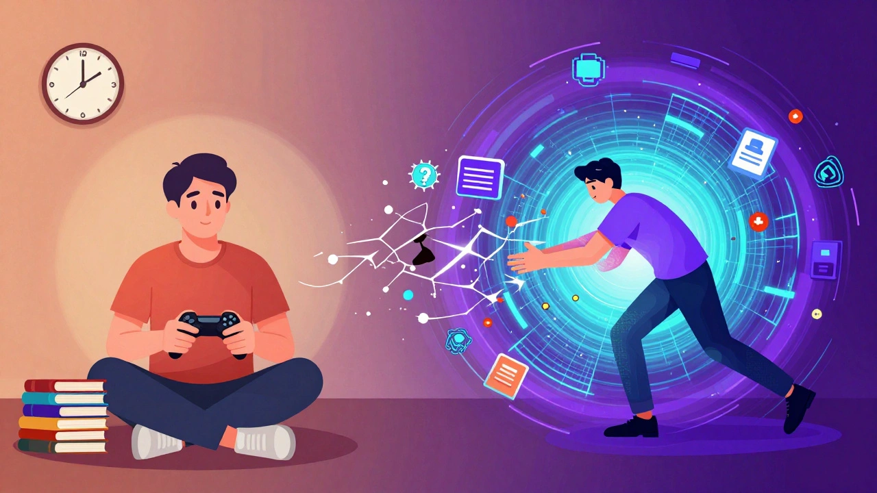 Conceptual art showing the transition from balanced gaming to a digital addiction vortex.