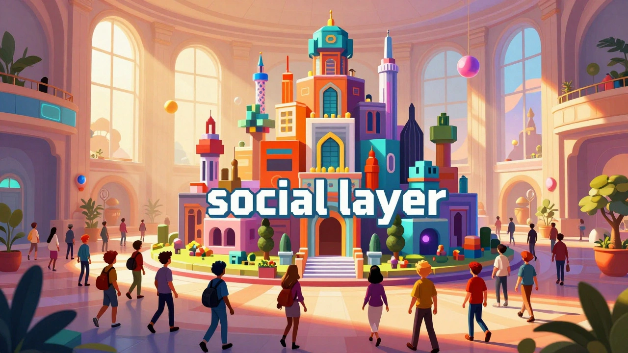 Diverse game avatars exploring a massive, multi-style digital palace together.