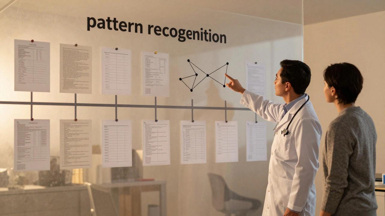 Doctor and patient analyzing a year-long timeline of symptoms on a glass wall