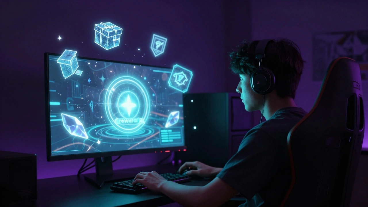 Gamer in a dark room surrounded by glowing holographic loot boxes and digital rewards.