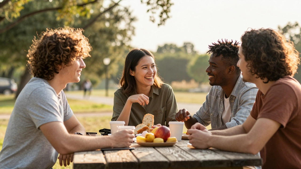 Group of friends laughing over lunch outside without phones