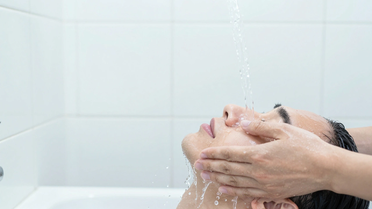Hands splashing cold water on a face to regulate the nervous system.