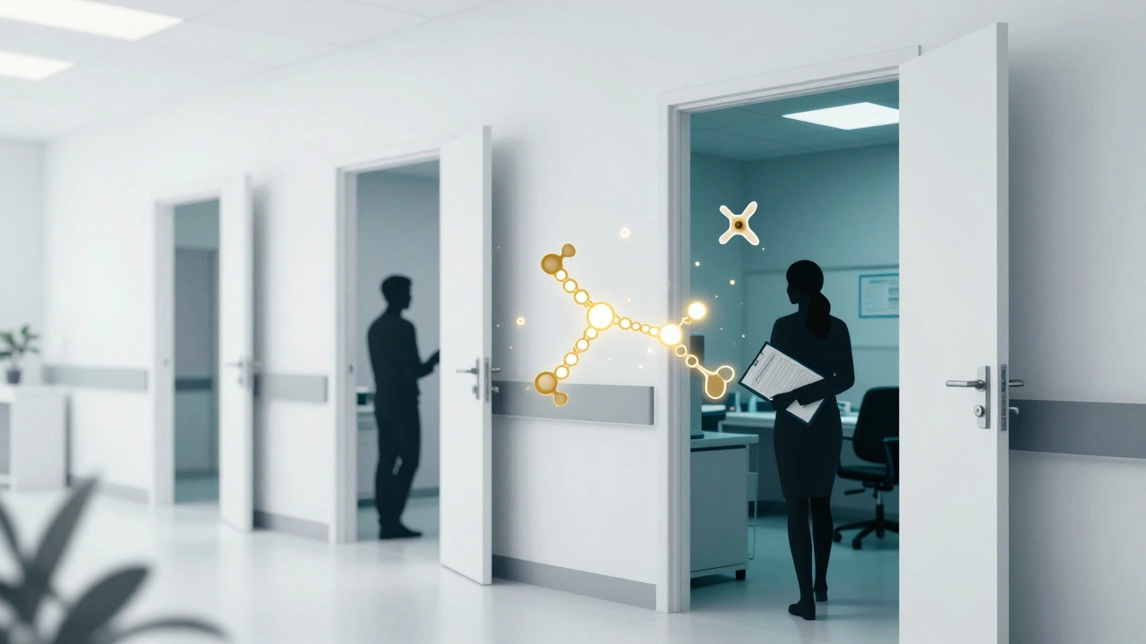 Silhouette of a patient moving from a general clinic to a specialist office