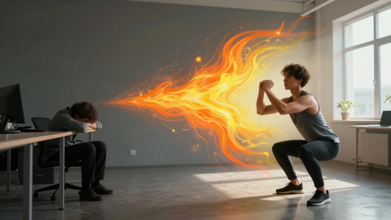 Split image showing a transition from a stagnant office worker to an energized person exercising.