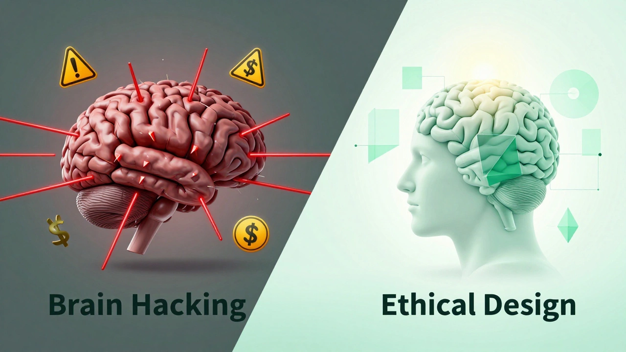 Split screen comparing a manipulated brain in red tones with a balanced brain in soft green tones