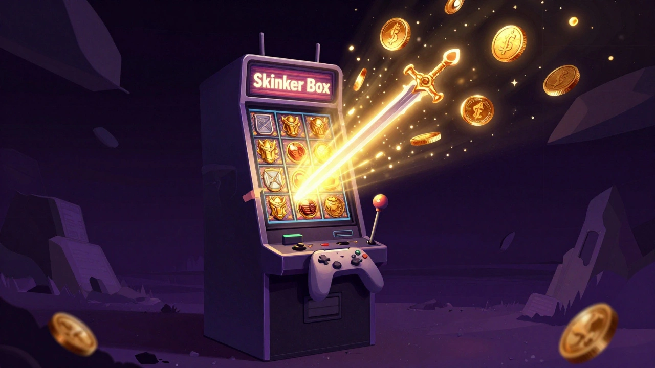 Surreal art showing a person connected to a digital slot machine with rare game items.