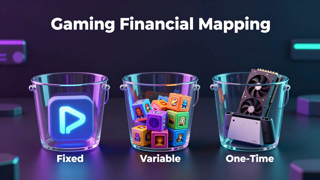 Three glass containers organizing gaming expenses into fixed, variable, and one-time costs.