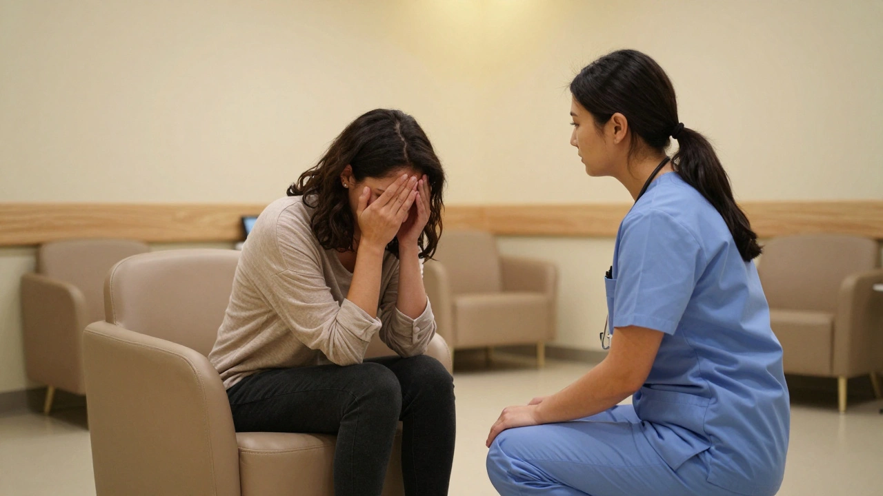 A calm healthcare worker speaking gently with a patient in a softly lit, safe psychiatric emergency room.