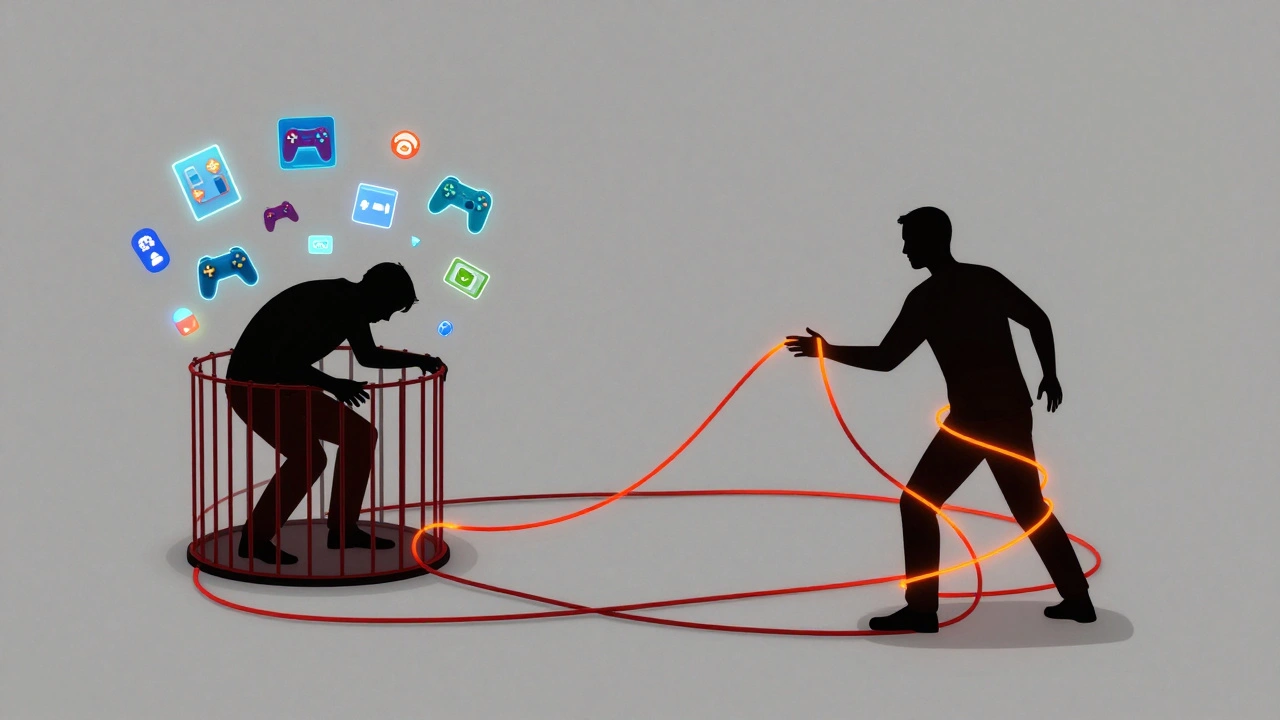 Abstract art of two figures tangled in glowing wires