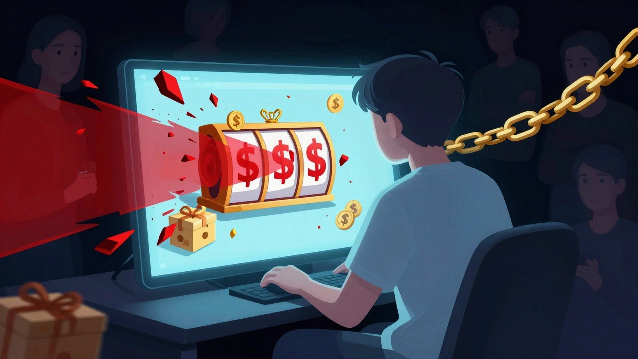 Abstract art showing cyberbullying and loot box risks emerging from a gamer's screen.