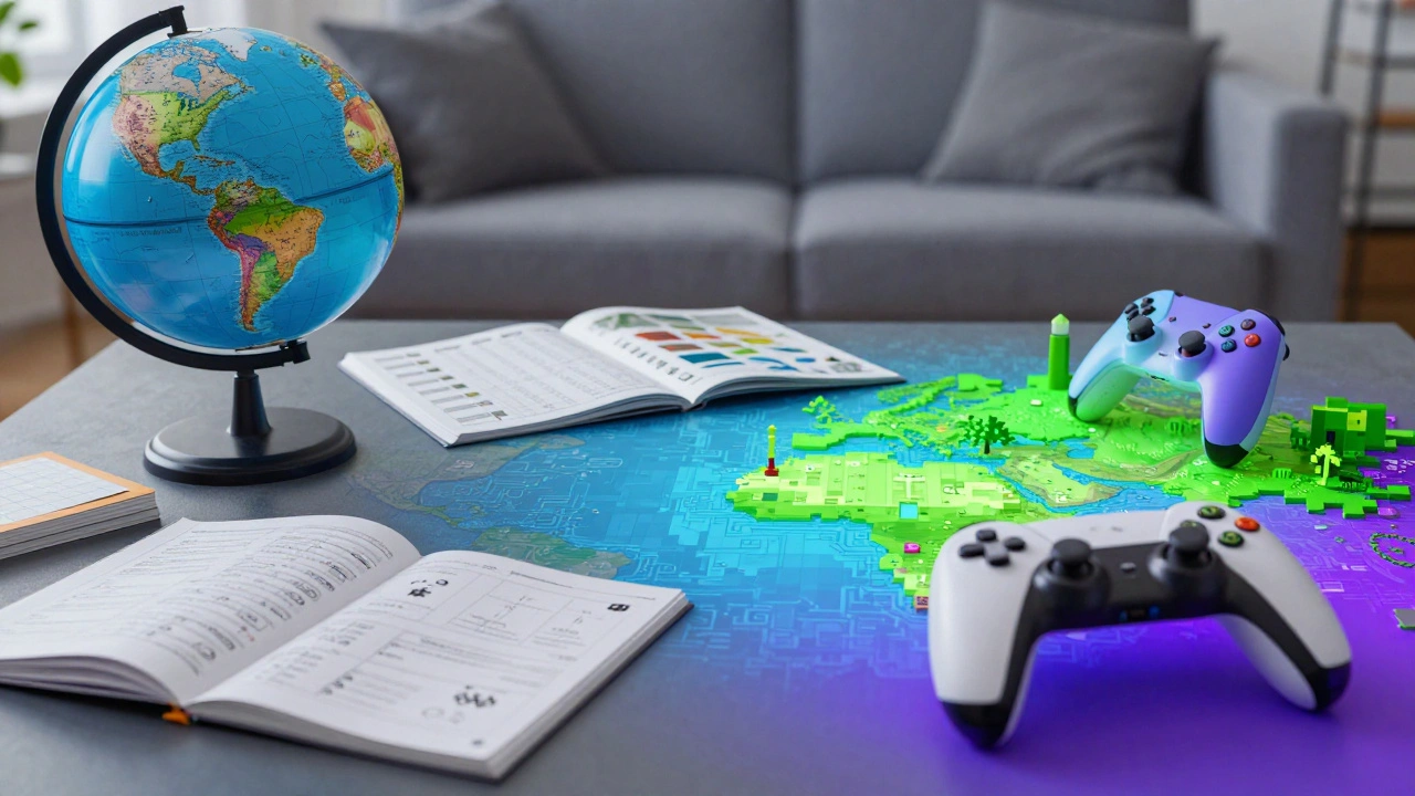 Abstract art showing school supplies blending into video game controllers