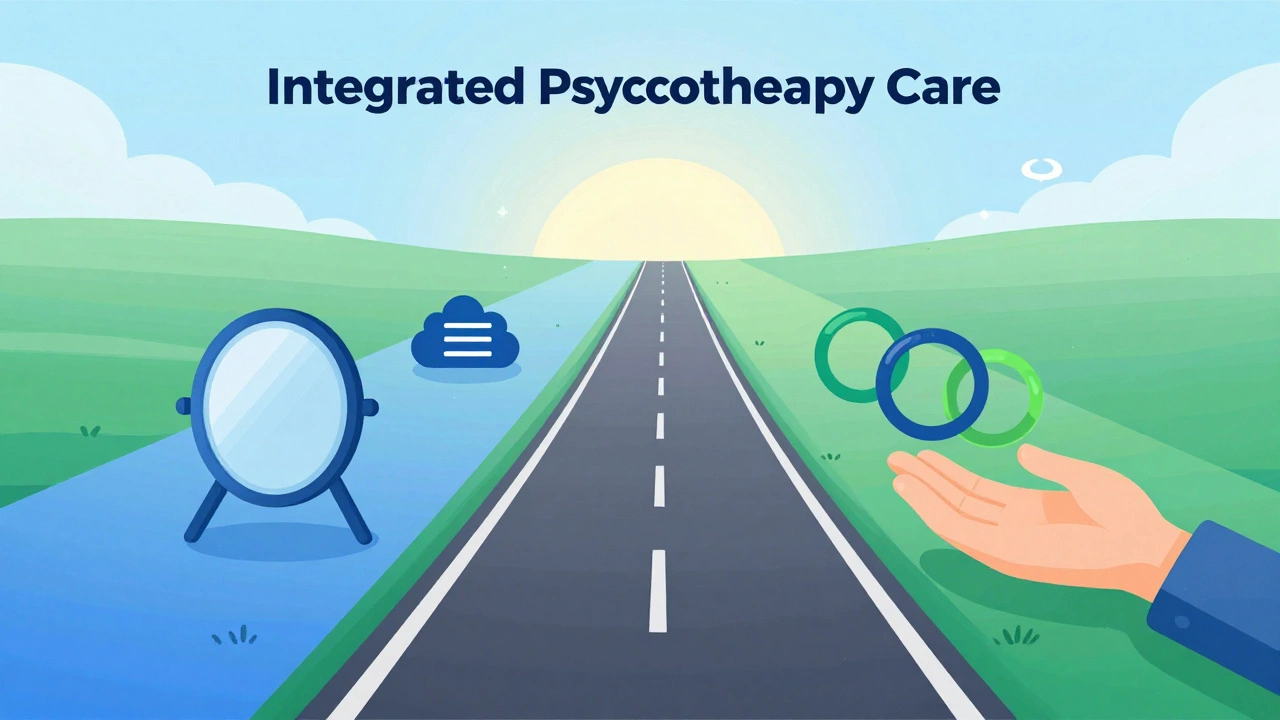 Abstract illustration showing two paths merging to represent combined therapy approaches.