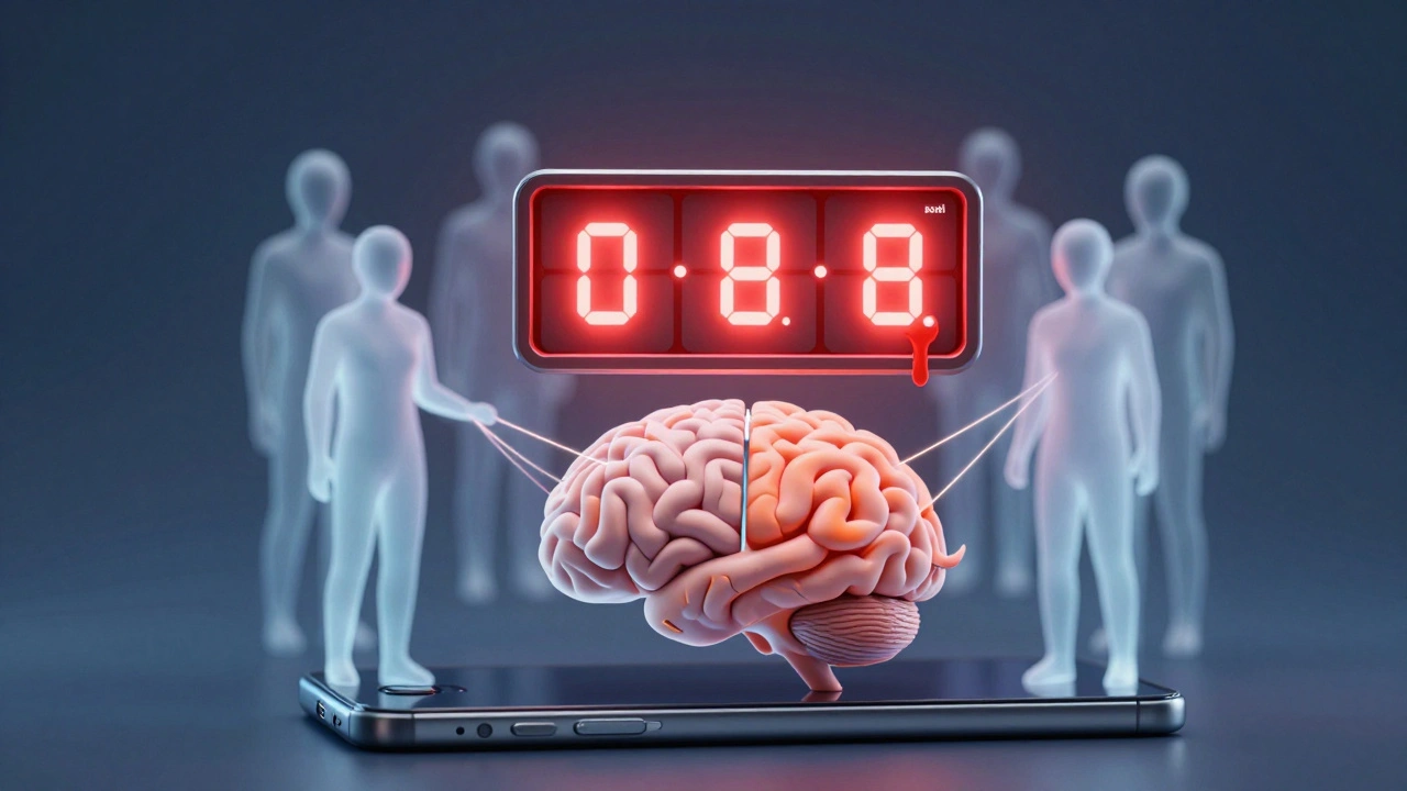 Abstract visualization of urgency timers and social pressure manipulating a gamer's brain.