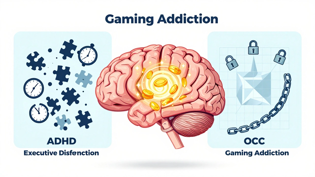 Brain illustration showing symbols for ADHD, OCD, and gaming addiction.