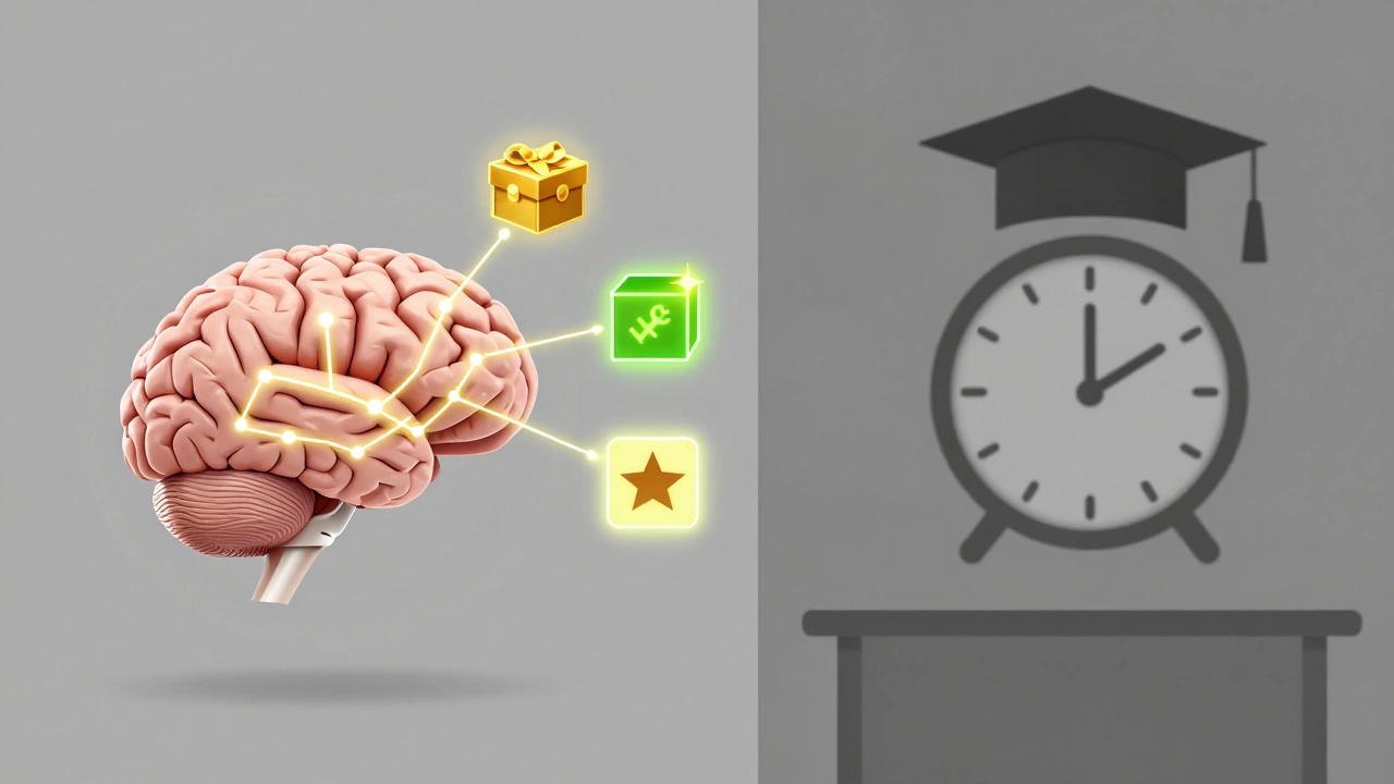 Brain with digital rewards vs dull classroom illustrating instant gratification