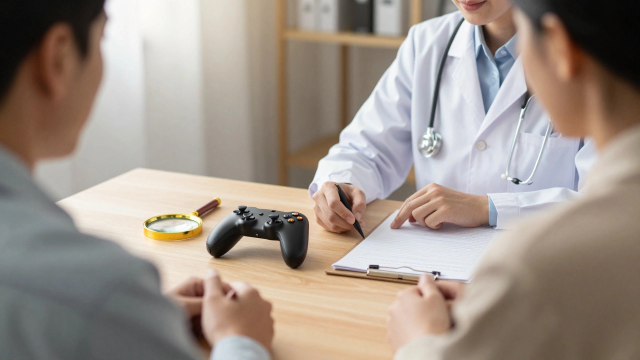 Clinician and patient discussing diagnosis with a game controller on the table.