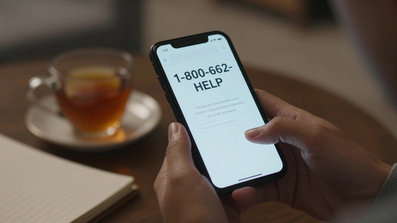 Close-up of hands holding a phone with a mental health helpline number displayed.
