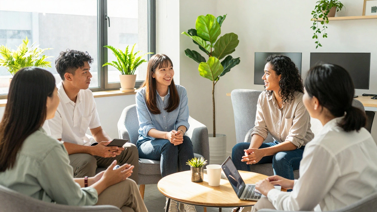 Colleagues chatting warmly in a bright, plant-filled office space.