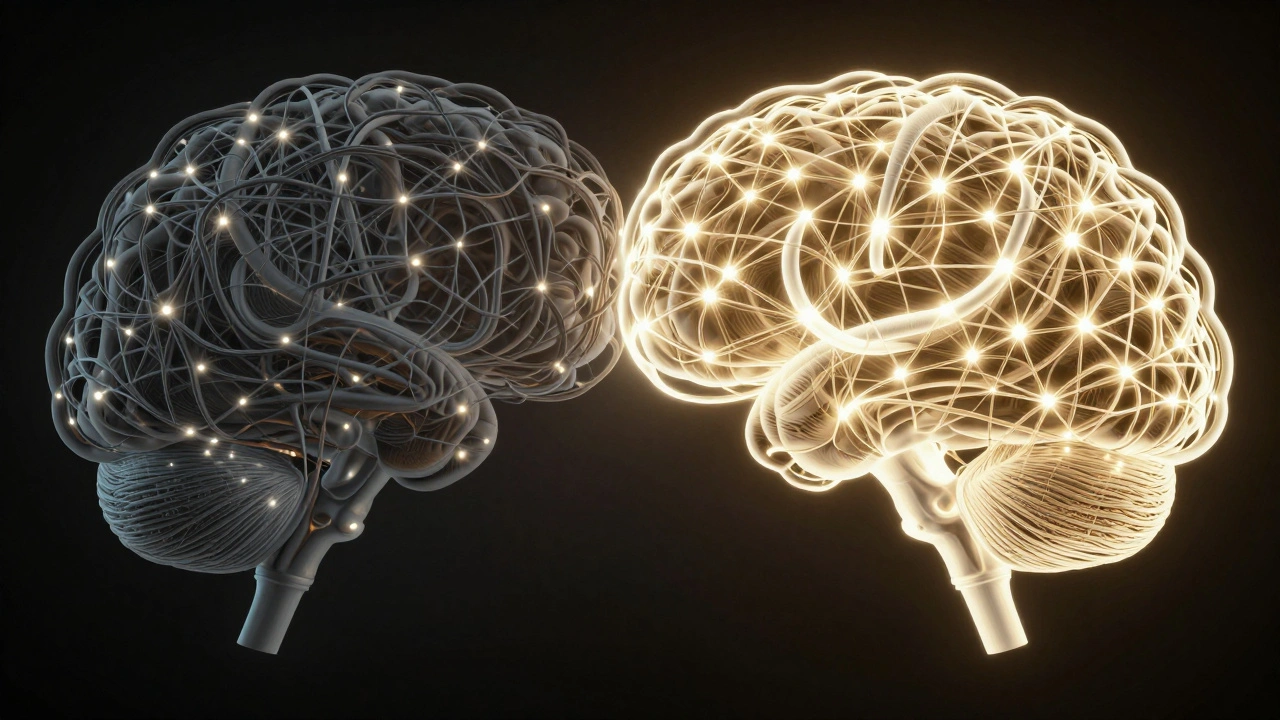 Conceptual art contrasting damaged vs restored brain connectivity