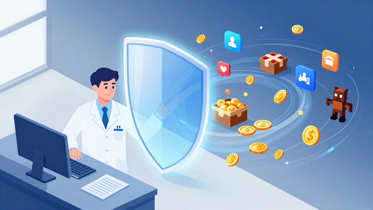 Conceptual illustration of a protective barrier separating clinician from digital gaming chaos