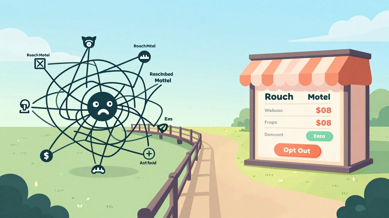 Contrast between trapped users in complex menus and free users in transparent ethical stores.