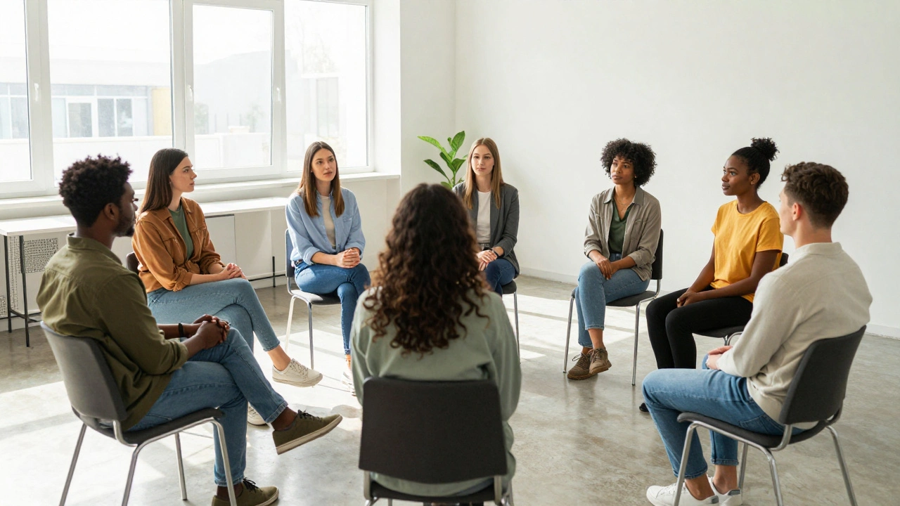 Diverse group of people sitting in a circle during a supportive therapy session.