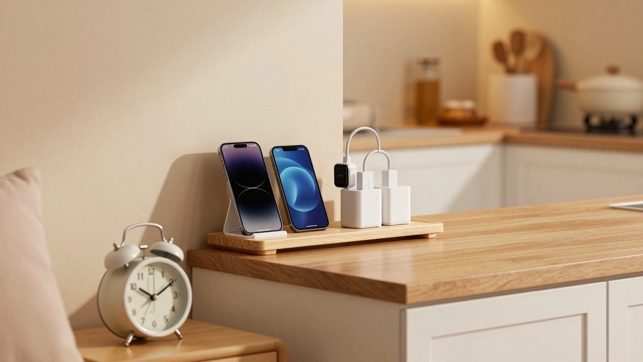 Family charging station with devices on kitchen counter