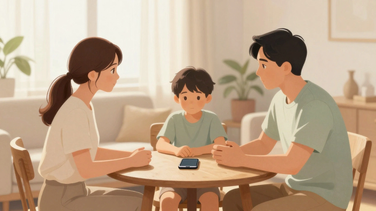 Family having a calm conversation around a table with phone set aside.