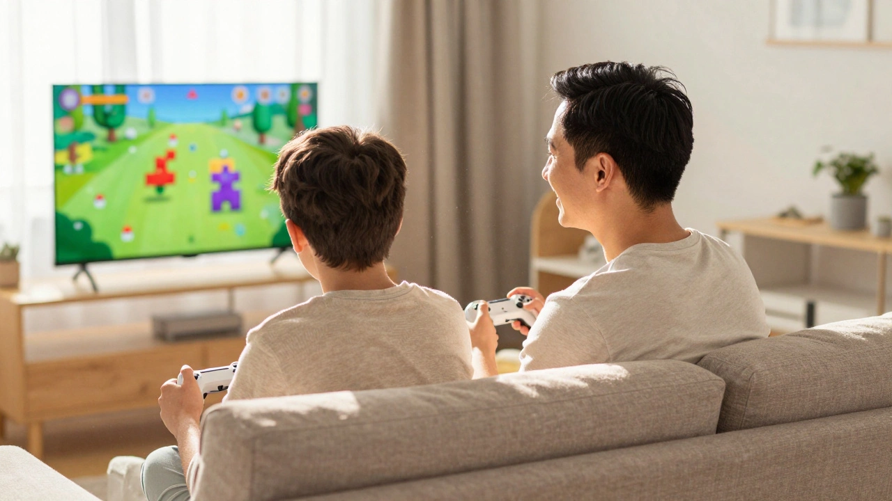 Father and son playing video games together on a couch