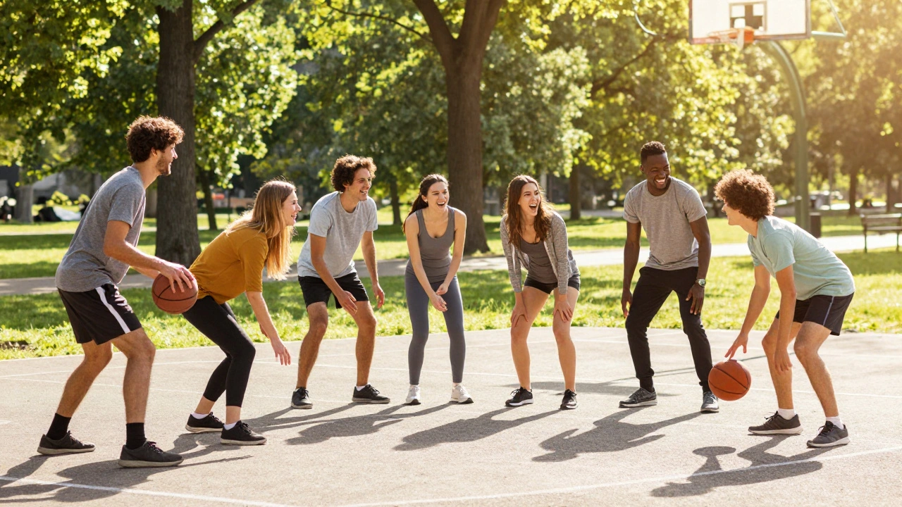 Friends enjoying outdoor sports and social connection in sunny park