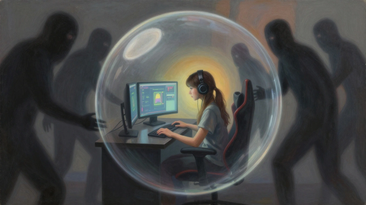 Gamer in protective bubble, isolated from toxic online environment