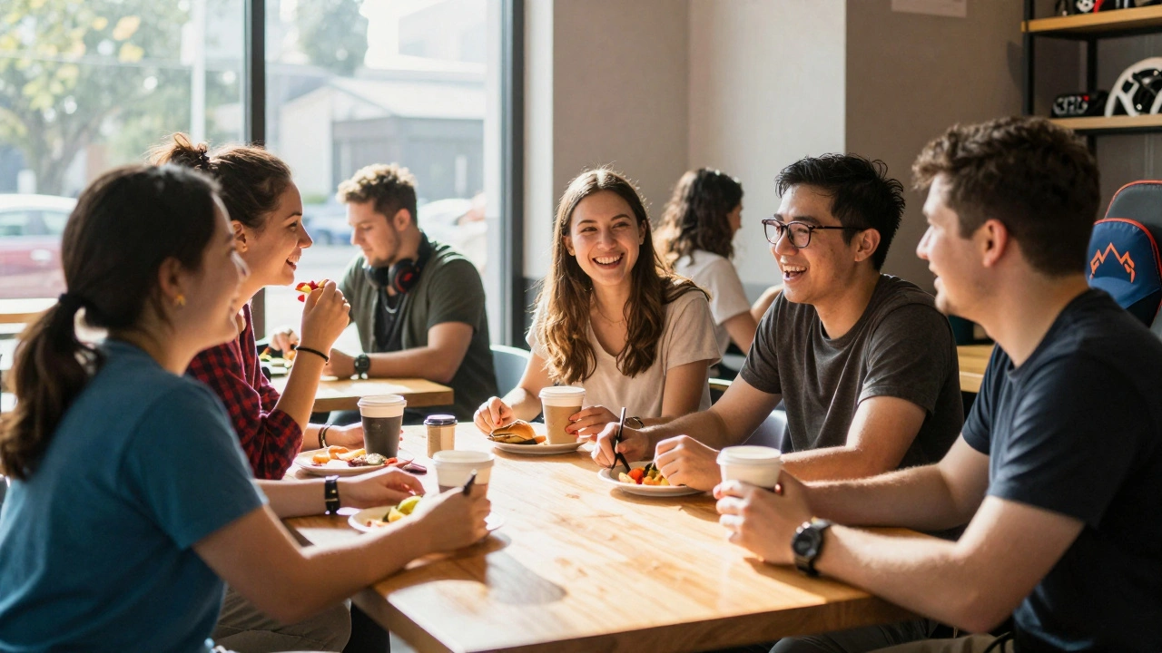 Gamers meeting in person at a cafe, laughing and sharing food together
