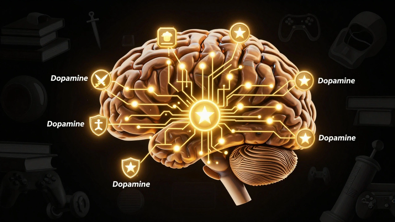 Glowing brain circuitry connected to game achievement icons