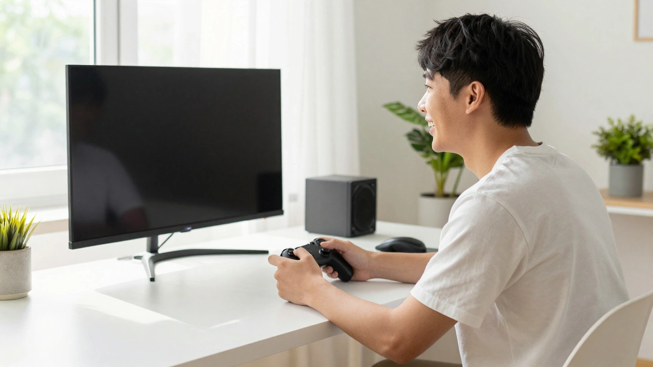 Happy gamer playing actively in bright, tidy room