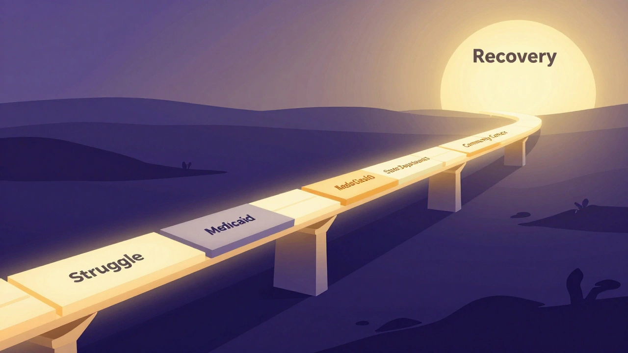 Illustration of a bridge built from government agencies leading from struggle to recovery.